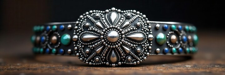 Obraz premium Antique silver concho belt buckle, ornate design , antique, vintage, western style