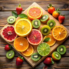 Fototapeta premium Sliced fruits on wooden table arranged in a colorful and fresh tropical display for healthy snacking