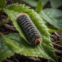A woolly bear caterpillar under leaf, hibernating, clean style