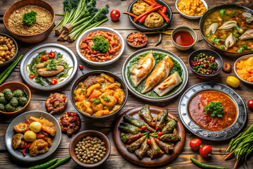 Fototapeta premium Cooked food on the table served hot and ready for dining in a family style home meal environment