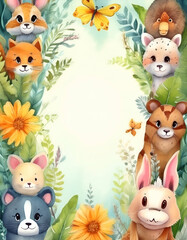 Naklejka premium Cute animal illustrations surrounded by flowers and leaves, ideal for children's designs.