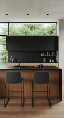 Modern Minimalist Kitchen: Black Cabinets, Wood Accents, and Sleek Bar Stools | Stylish Kitchen Design