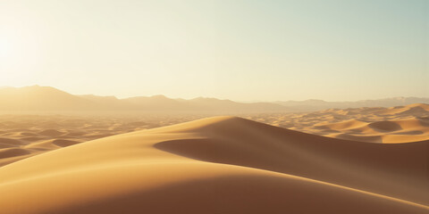A minimalist desert landscape with undulating dunes, one standing out in soft golden light against a pale blue sky.