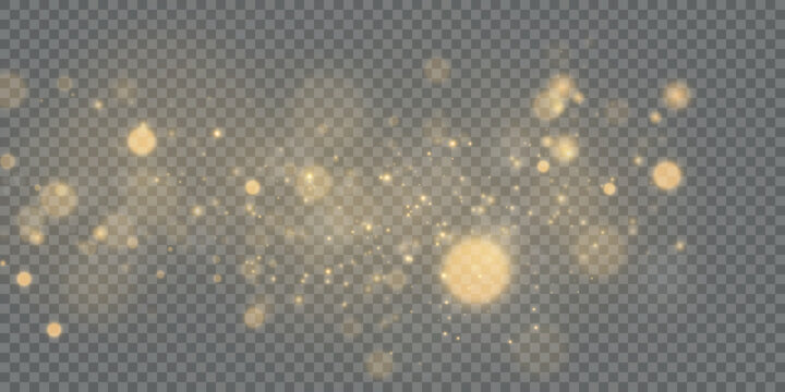 Magical golden cloud of glitter dust. Fine, shiny bokeh glitter particles and fine bright dust. Christmas golden glow effect on transparent PNG background.