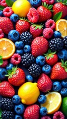 Obraz premium Brightly colored fruits in closeup, including strawberries, blueberries, raspberries, oranges, grape