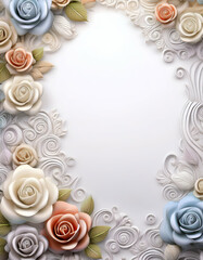 Elegant floral frame with roses and intricate swirls, perfect for invitations or decor.