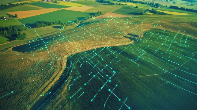 Digital map overlay on farmland showing sensor points and data transmission