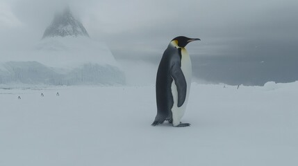 Fototapeta premium Emperor penguins standing still as snow gently falls, creating a peaceful winter atmosphere