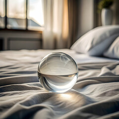 Obraz premium Clear glass on the bed reflecting light in a minimal and cozy bedroom setting