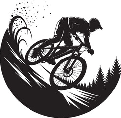 Obraz premium Silhouette of Mountain Biker on a Slope – Bold Monochrome Line Art