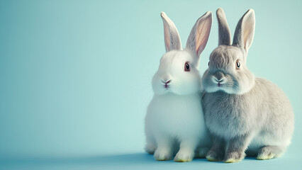 Obraz premium Two Charming Rabbits Sitting Together on Pastel Blue Background
