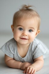 Naklejka premium Happy little girl crawling with joy in a bright indoor space, captured in soft natural light with a friendly vibe