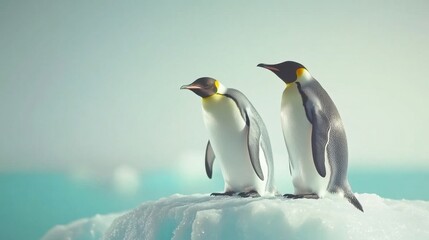Fototapeta premium Group of Emperor penguins beside a small iceberg, snow glistening under clear polar sunlight