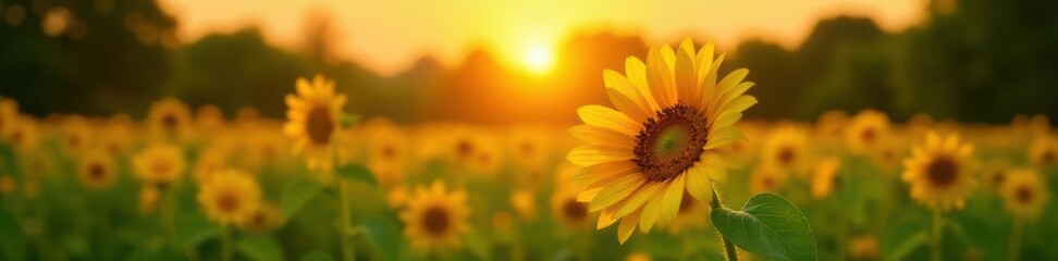 Obraz premium Single sunflower facing sunset, lush green garden, warm light, background, texture