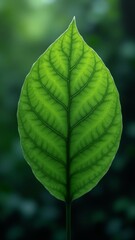 Obraz premium A single vibrant green leaf against a blurred background of foliage