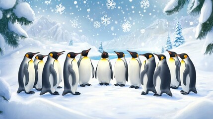 Obraz premium Group of Emperor penguins gathered in a tight circle, surrounded by snowflakes and open icy space