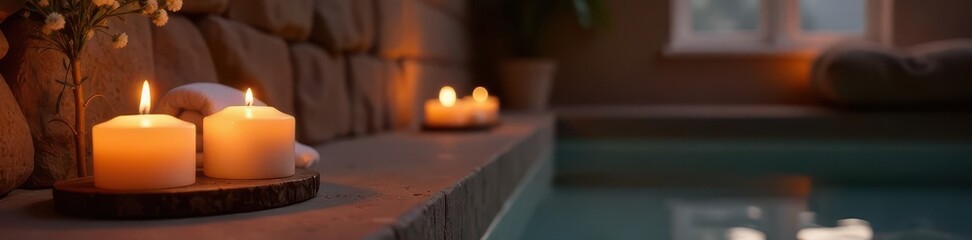 Subtle candlelight illuminates tranquil spa; plush textures, muted tones , aesthetics, space, soft