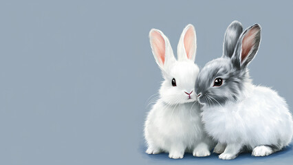 Obraz premium Adorable White & Gray Bunny Pair Cartoon Illustration on Pastel Background
