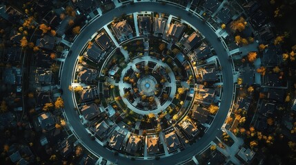 Fototapeta premium Aerial view of circular neighborhood with homes, streets, and green spaces. Represents urban planning, community design, and residential architecture concepts.