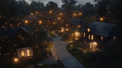 Network hubs glowing above each house in a compact rural neighborhood