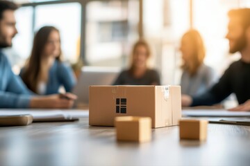 Team of Logistics Professionals Planning Delivery Routes in Office Setting with Parcel Box Focus and Blurred Background