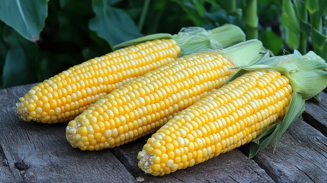 Fresh corn cobs resting on weathered wood, with a vibrant yellow and green color palette