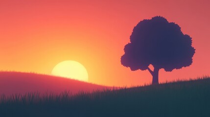 Peaceful scene with a lone tree and rich grassy field beneath a breathtaking sunset gradient