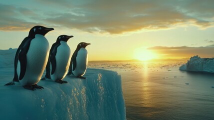Penguins lined up along the edge of an ice cliff, with open sea in the distance