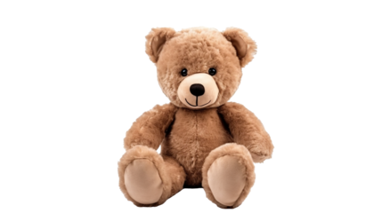Fluffy brown teddy bear, a cute stuffed animal toy isolated on transparent. PNG