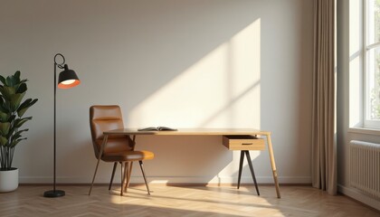 Minimalist Home Office Desk with Chair and Lamp