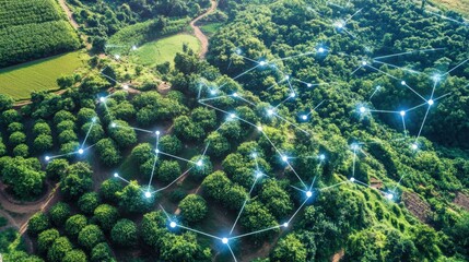 Remote agricultural area connected by holographic lines symbolizing digital access