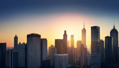 Obraz premium City skyline at sunset with tall buildings and a vibrant sky.