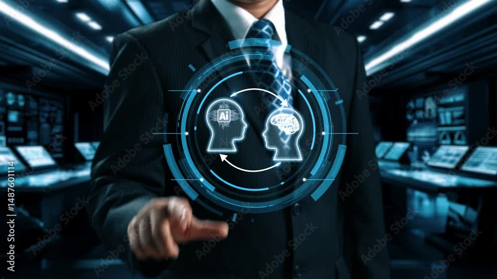 Poster human interact with ai artificial intelligence brain processor in concept of ai artificial intellige