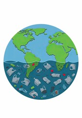 Naklejka premium Floating trash and plastic pollution contaminating the ocean around the world globe on a white background, a global crisis concept for world oceans day.