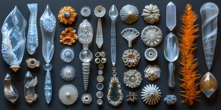 A collection of unique diatoms, varying in size and color, are arranged against a stark black background, showcasing their intricate details and natural beauty.