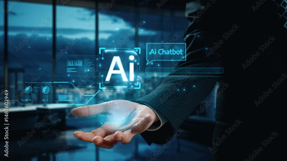 Poster human interact with ai artificial intelligence virtual assistant chatbot in concept of ai artificial