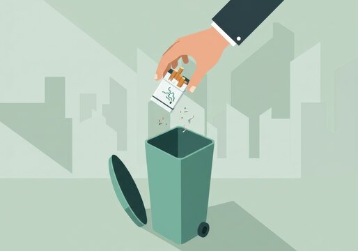 Man throwing pack of cigarettes in trash bin. World No Tobacco Day concept. Quit smoking campaign, quitting addiction and unhealthy habit for greeting card.