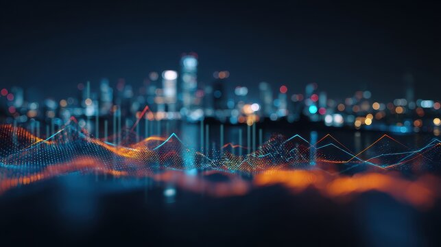 Abstract digital visualization of glowing data lines with blurred city skyline in the background at night with vibrant lights and modern technology impression