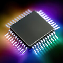 Detailed close-up of a black microchip illuminated by soft colored lights showcasing intricate silver pins emphasizing the importance of advanced technology endowing modern devices with