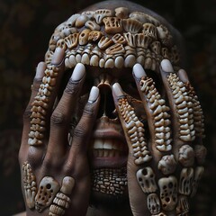 A person's face is covered with a mask made of human teeth, meticulously arranged to form a face with nose, eyes, and mouth, with fingers adorned with additional teeth.