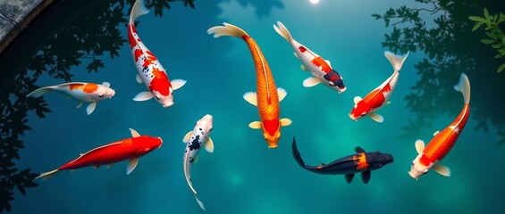 Obraz premium A school of koi fish swimming in a pond with blue water