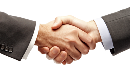 Two businessmen in suits shaking hands on transparent background, signifying a business agreement and partnership. PNG