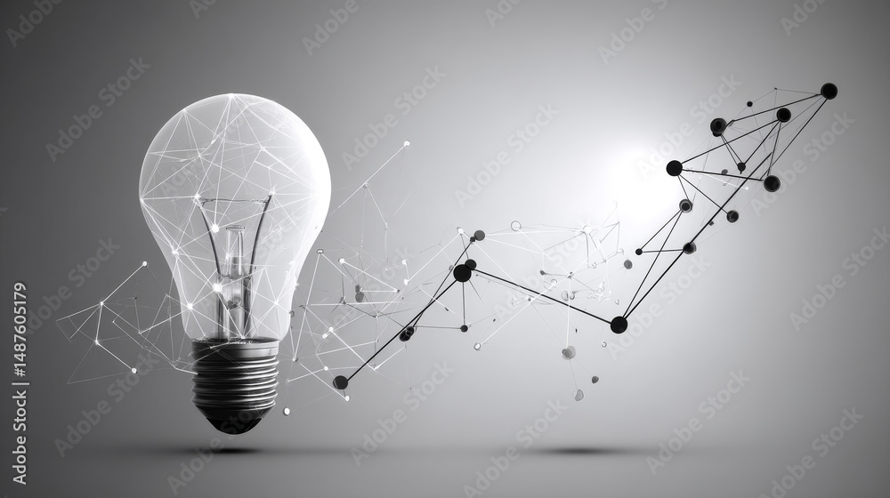 Poster light bulb and growing graph form lines, triangles and particle style design. illustration vector