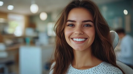Smiling young woman with beautiful teeth in a bright, blurry dental office setting