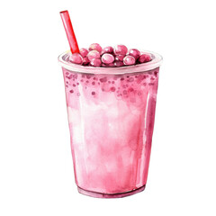 Pink boba tea with straw on transparent background