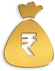 Gold Rupee Money Bag Icon – 3D Glossy Golden Currency Bag with Indian Rupee Symbol, Metallic Shine, and Shadowed Style for South Asian Finance, Personal Wealth, Business Saving, and Currency Reserve