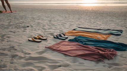 Beach Scene with Colorful Towels and Flip-Flops in Sand
