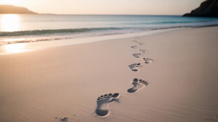 Walking Footprints in the Sand Leading to the Ocean