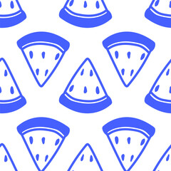 Cute seamless pattern with line watermelon slices. Cute blue doodle fruit print. Banner, wallpaper, fabric, notebook cover, packaging, wrapping paper template.