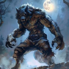 A powerful werewolf, its dark fur torn and its eyes glowing like lanterns, stands victorious in a mystical forest, its domain alive with nature's sounds and the scent of blood.